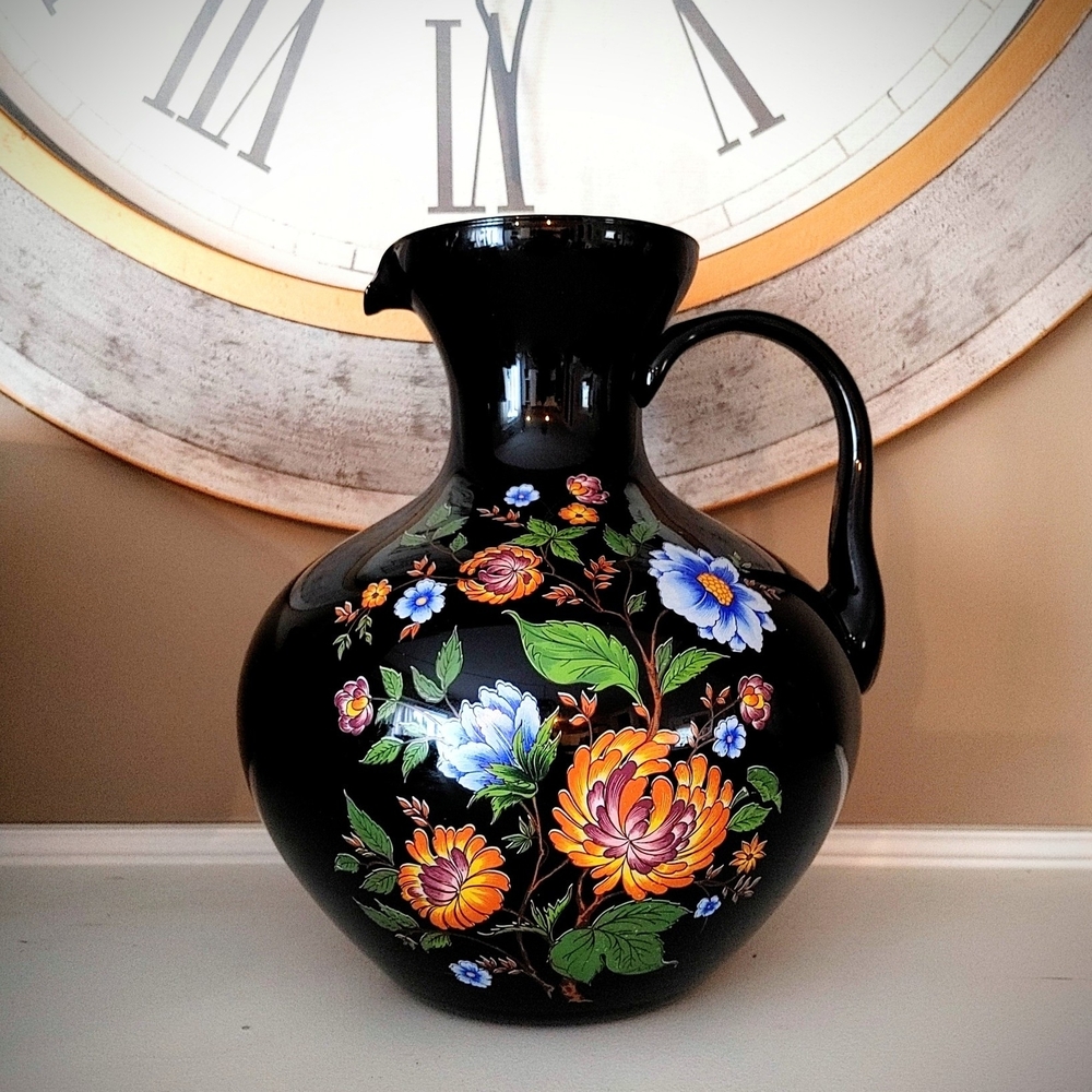 Vintage Italian Black Glass Pitcher Vase with Hand-Painted Flower Design